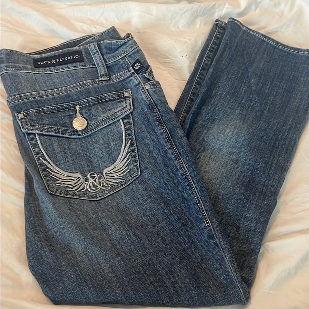 Rock & Republic Blue Boot Cut Jeans with Embroidered Design